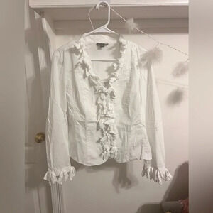 FINAL PRICE DROP Go Silk Zip-Up Blouse White Tassels Long Sleeve Cotton